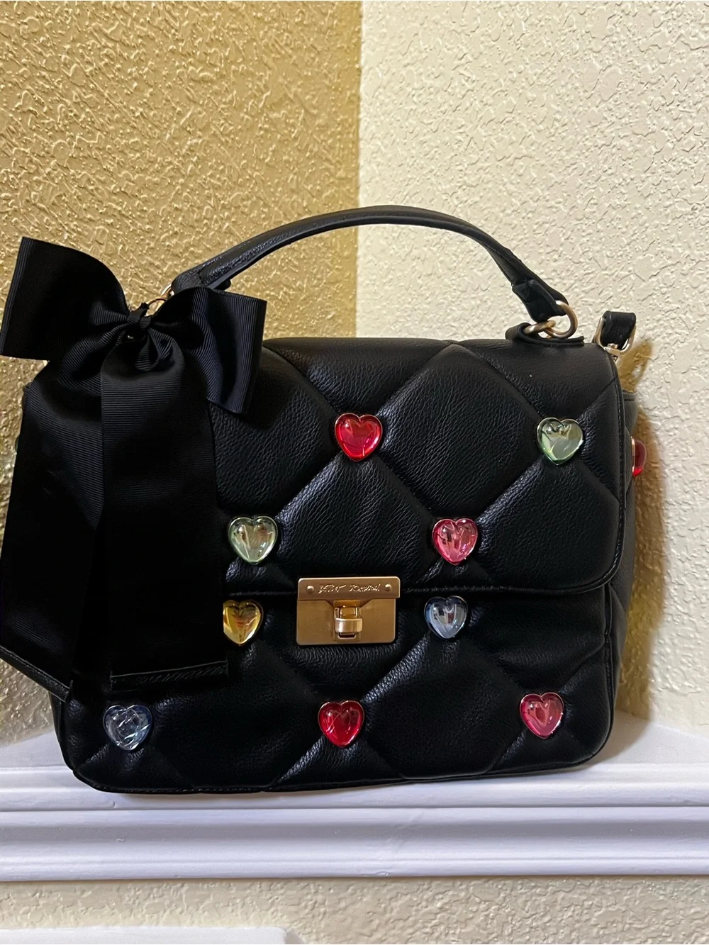 Betsey Johnson I Want Candy Hearts Black Quilted Top Handle Satchel